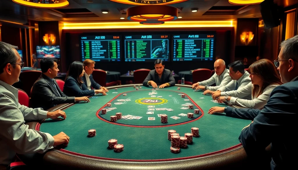 סביבת משחק פוקר בהשראת 7xl עם שבבי פוקר צבעוניים ושחקנים באווירה מרגשת של קזינו.