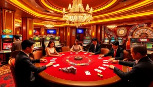 Experience the thrilling atmosphere tại U888 with vibrant casino tables, cards, and roulette wheels.
