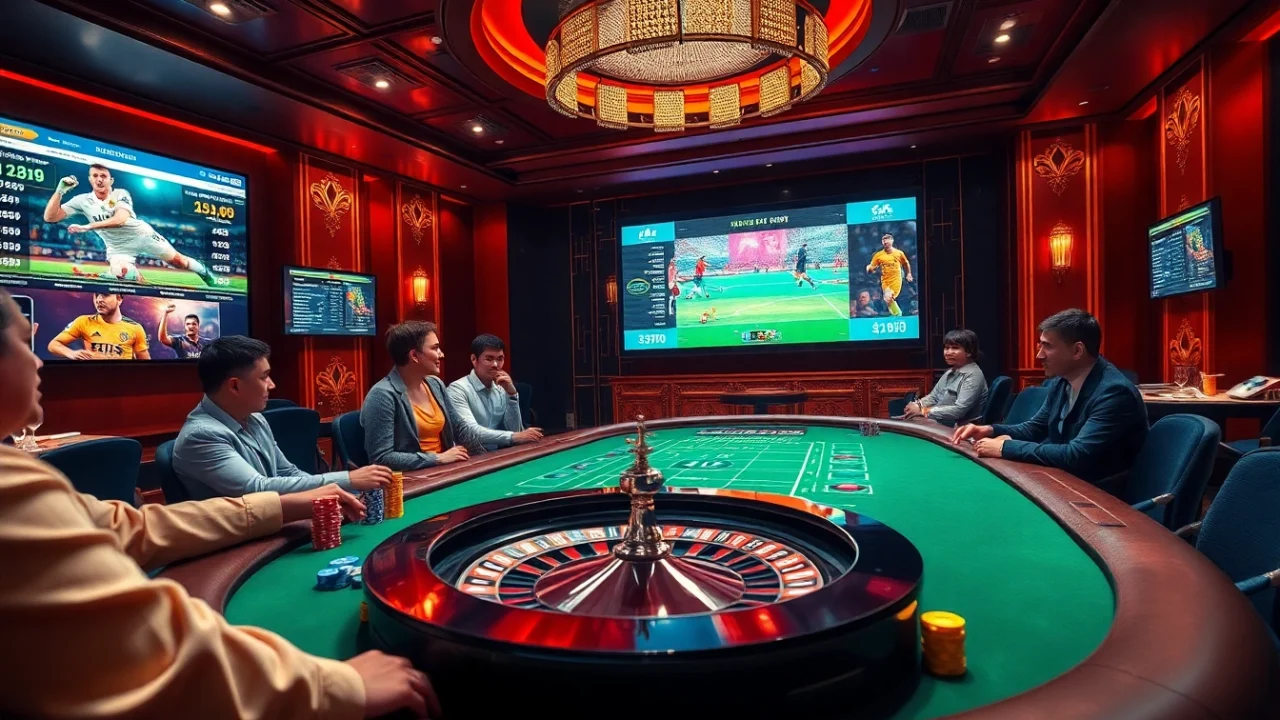 Engaging scene depicting เทคนิคแทงบอล with players at a poker table and a roulette wheel in a vibrant casino.
