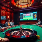 Engaging scene depicting เทคนิคแทงบอล with players at a poker table and a roulette wheel in a vibrant casino.