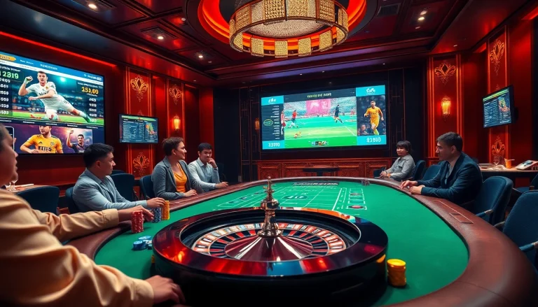 Engaging scene depicting เทคนิคแทงบอล with players at a poker table and a roulette wheel in a vibrant casino.