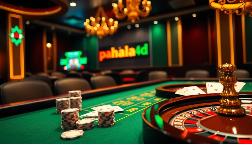 Engage with pahala4d's luxurious casino experience featuring poker chips and a vibrant roulette wheel.