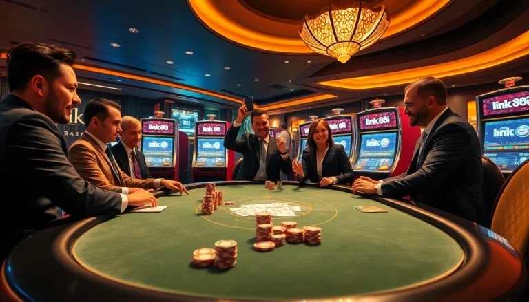 Excited gamblers celebrating at the casino table showcasing link 88i with vibrant slot machines.