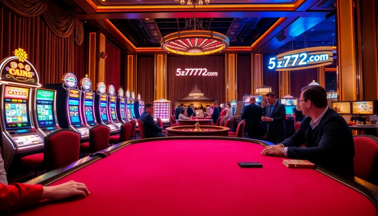 Players enjoying high-stakes poker at 5z7772 com casino, surrounded by flashing slot machines.