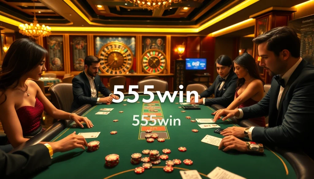 Players engage in high-stakes poker at a luxurious table featuring 555win branding.