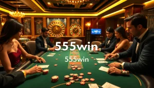 Players engage in high-stakes poker at a luxurious table featuring 555win branding.