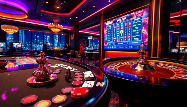 Experience the thrill of gaming at MK8.COM with a vibrant casino scene featuring roulette and poker.