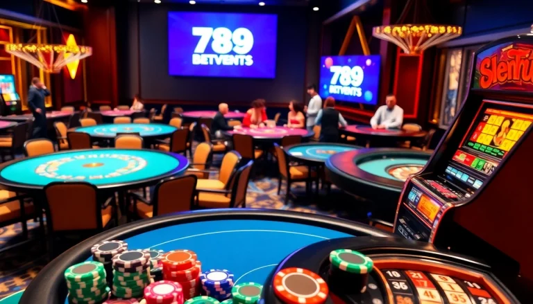 Gamblers engage at a vibrant 789betevents casino table, highlighting excitement and luxury.