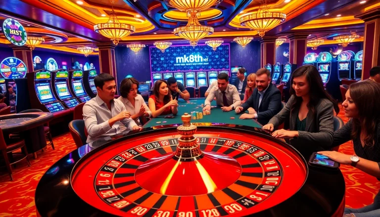Players placing bets at the mk8th.net casino, capturing excitement and luxury in gambling.