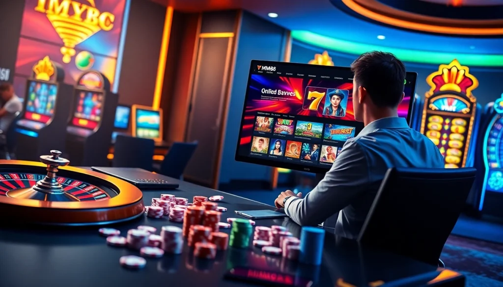 Engaging gamer exploring mm88 com with poker chips and a roulette wheel in a vibrant casino setting.