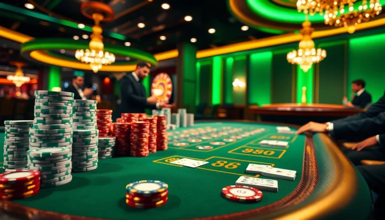 Players enjoying a thrilling blackjack game at 88i casino, showcasing vibrant poker chips and engaging dealers.