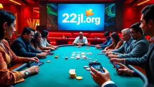 Engaging online poker scene at 22jl org, featuring vibrant chips and players immersed in gaming.