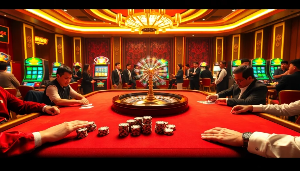 Mu88 casino players enjoying poker with vibrant chips on a luxurious table.