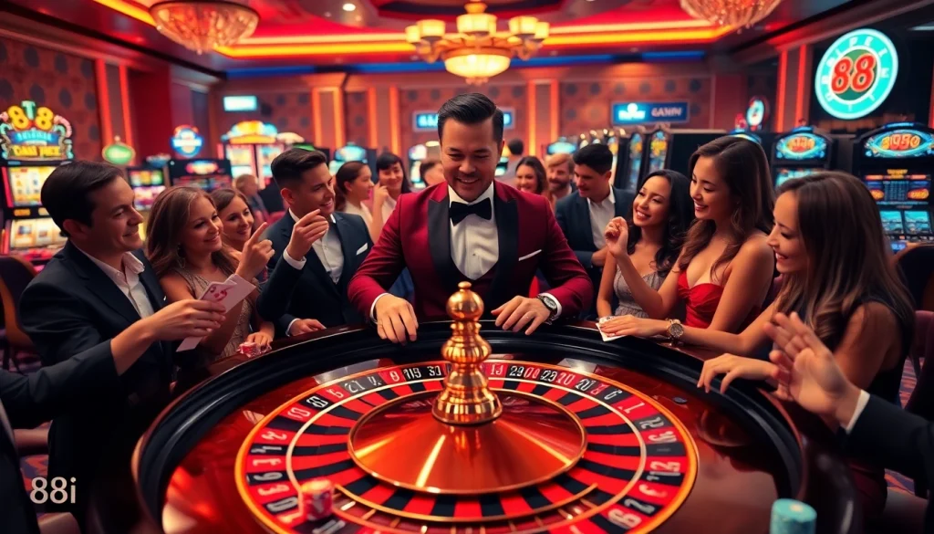 Gambling excitement at 88i’s luxurious casino tables with vibrant roulette and poker games.