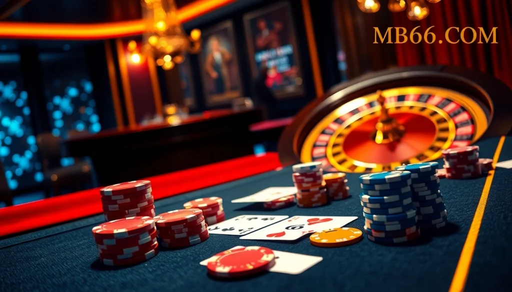 Experience the thrill of winning at MB66.COM with a dynamic casino scene filled with poker tables and roulette wheels.