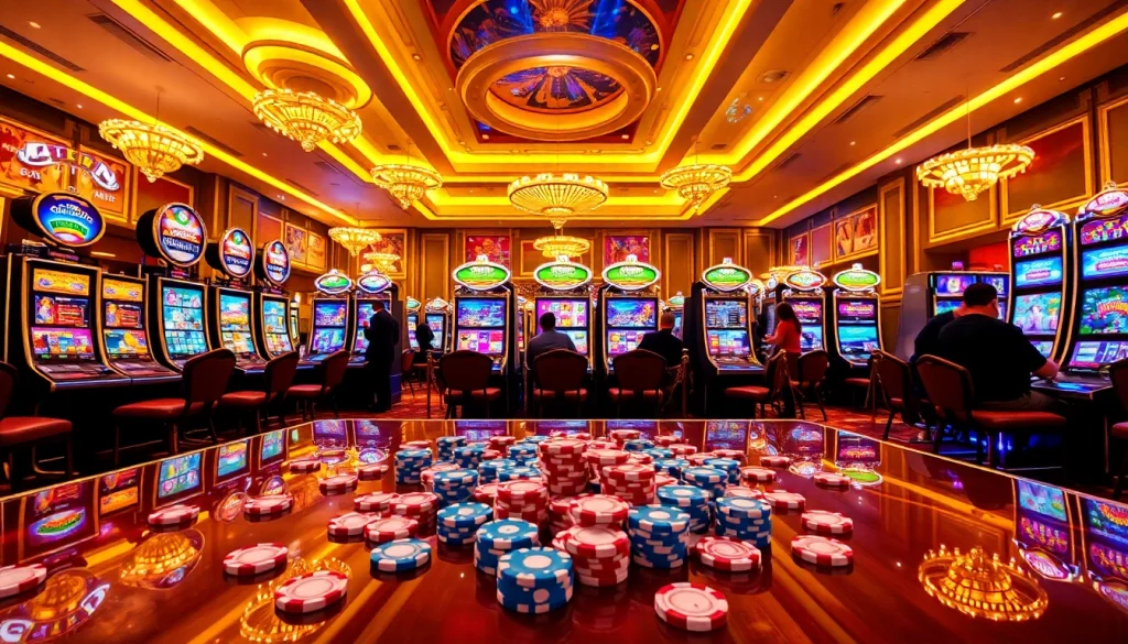 Experience the thrill of slot apiraja88 in a captivating casino scene with vibrant machines.