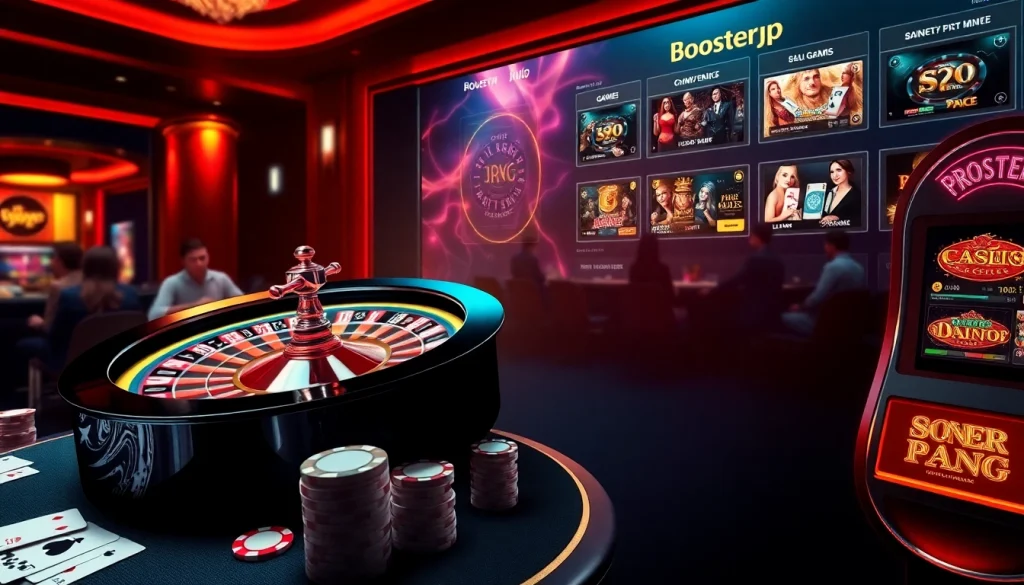 Boosterjp engages players with lively games including roulette and poker in a luxurious casino environment.
