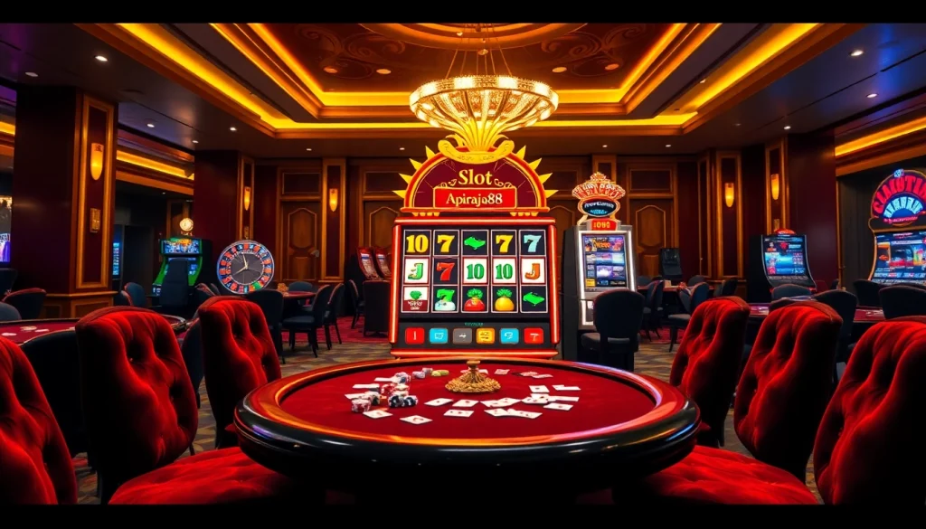 Play the exciting slot apiraja88 at a stylish casino with vibrant machines and elegant tables.