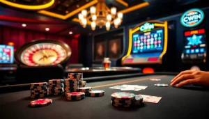 Action-packed casino scene highlighting Cwin's gambling opportunities with poker and roulette.