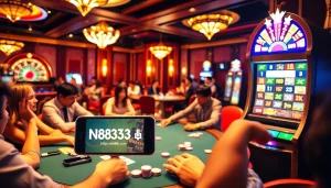 Players enjoying poker and roulette in a luxury casino, with https://nh8833.com/ showcased on a smartphone.
