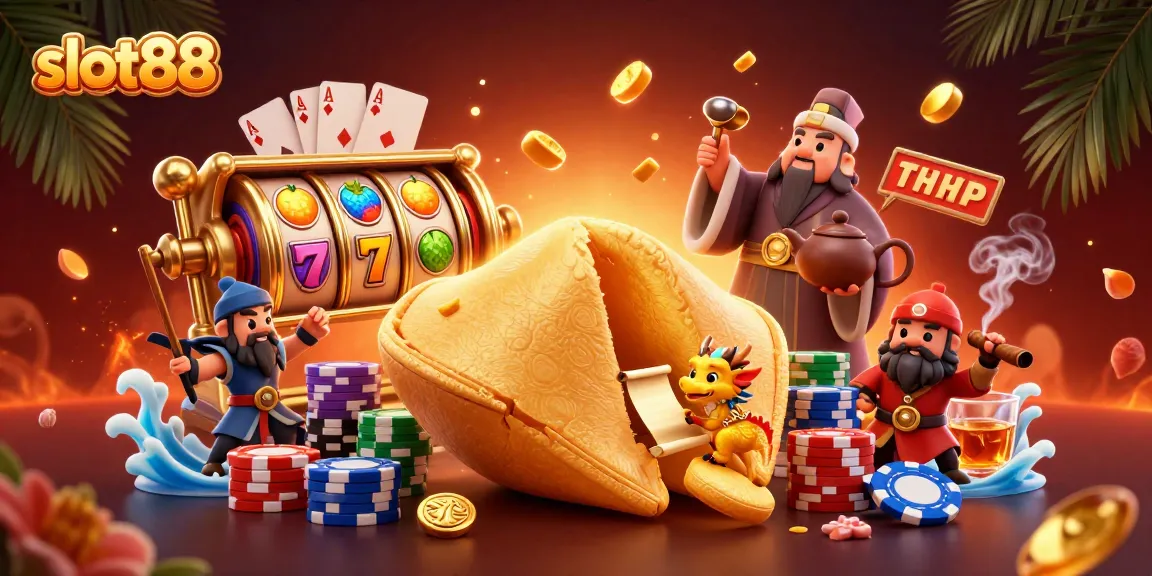 Menang di slot88 dengan ilustrasi kasino yang penuh warna dan simbol keberuntungan.